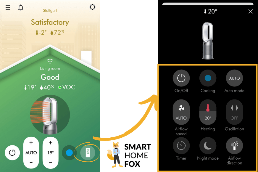 Die Steuerungsmöglichkeiten des Dyson Purifier Hot+Cool Formaldehyde HP09 werden in der MyDyson App gezeigt.